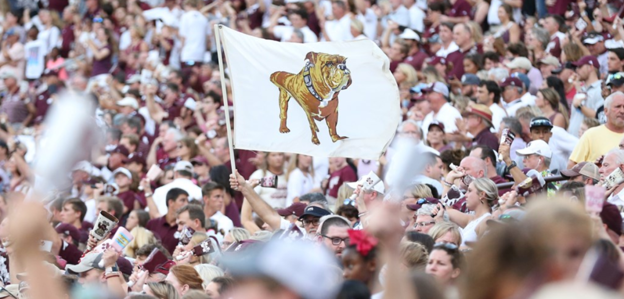 Mississippi State football fans in the stands of Davis Wade Stadium at Scott Field.