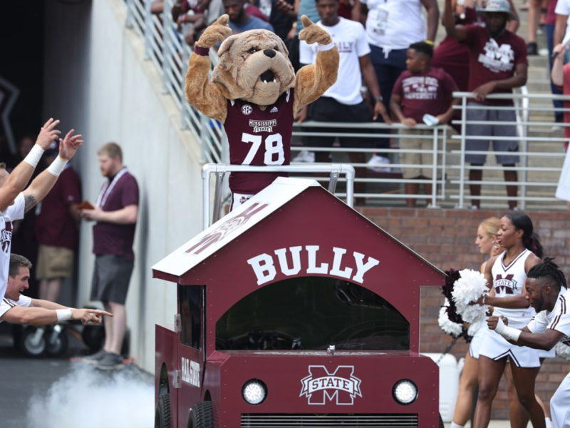 Mississippi State football mascot Bully enters Davis Wade Stadium at Scott Field.