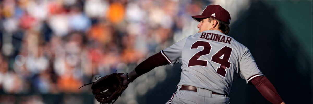 OMAHA, NE - June 20, 2021 - Mississippi State Pitcher Will Bednar (#24) during the 2021 Mens College World Series game between the Mississippi State Bulldogs and the Texas Longhorns at TD Ameritrade Park in Omaha, NE. Photo By Austin Perryman Photo by Austin Perryman/MSU Athletics