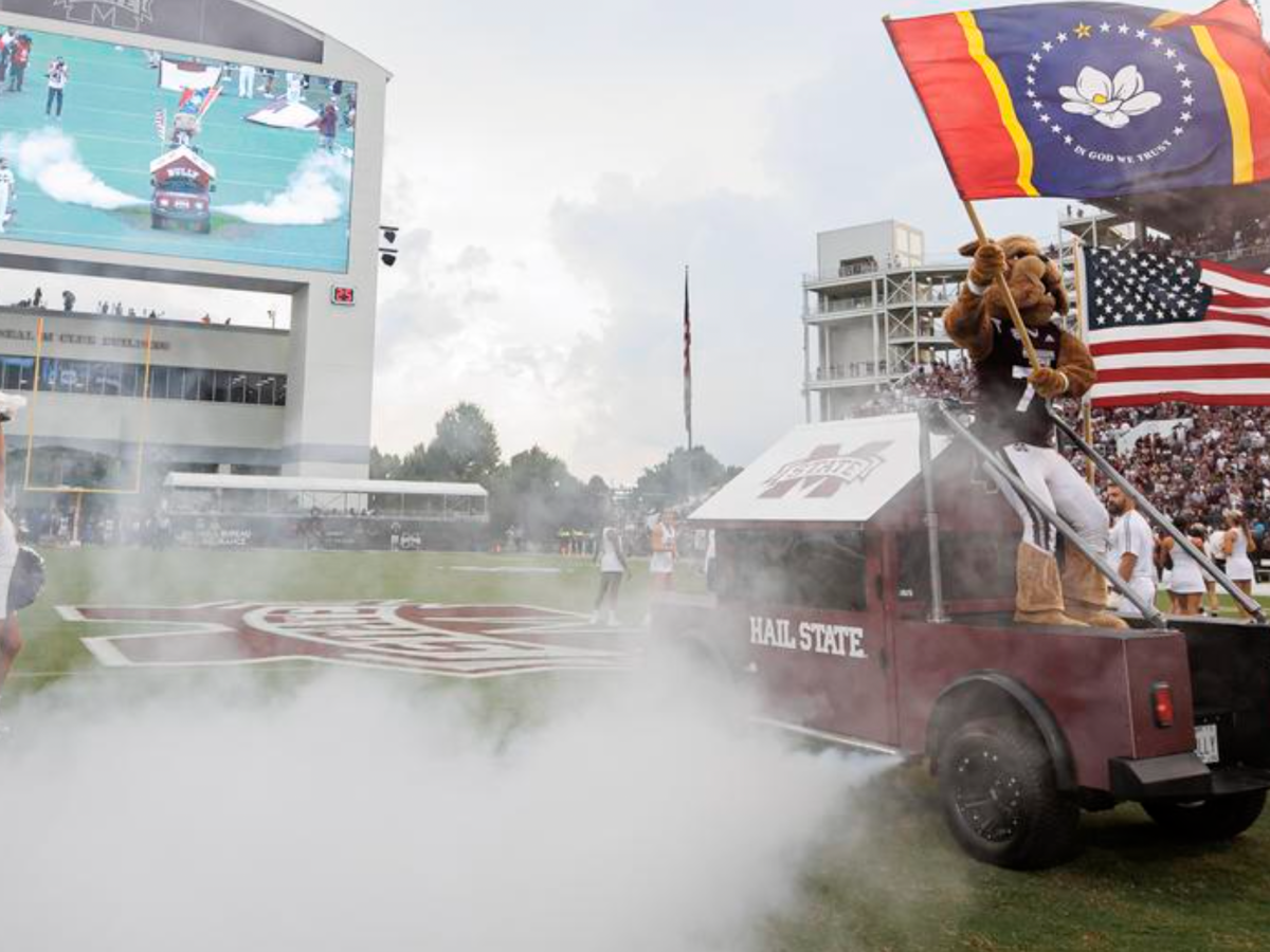 Mississippi State football mascot Bully enters Davis Wade Stadium at Scott Field as Bulldogs host Memphis Tigers.