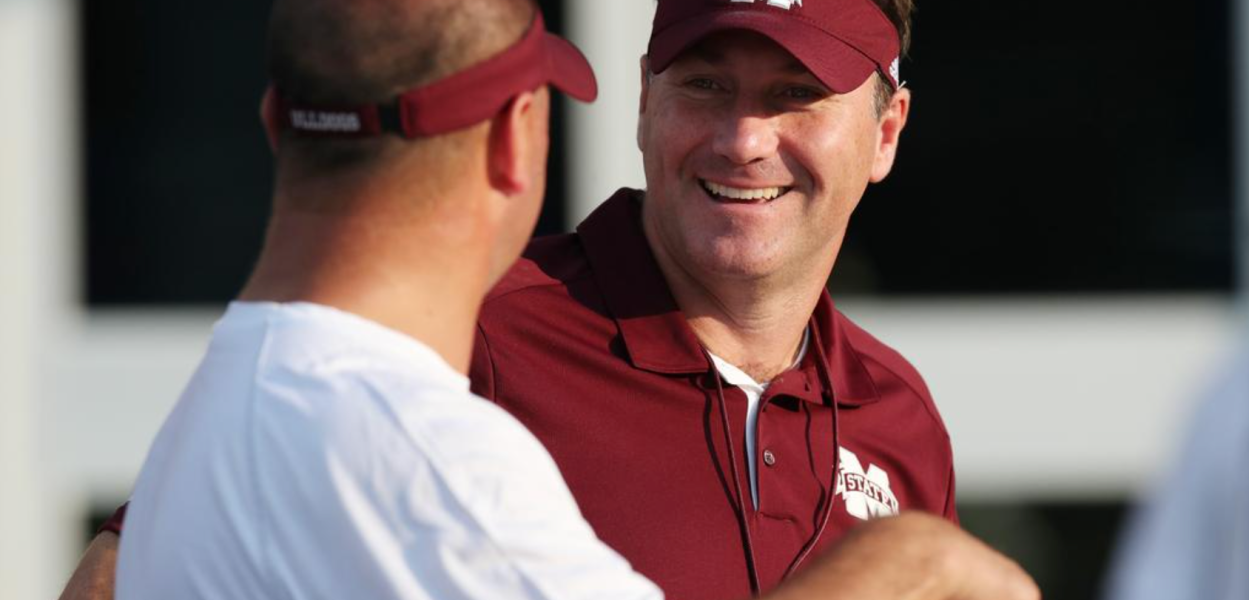 Mississippi State football coach Dan Mullen speaks on the field before the game between the Bulldogs and the Louisiana Tech Bulldogs. Photo: Mississippi State athletics.